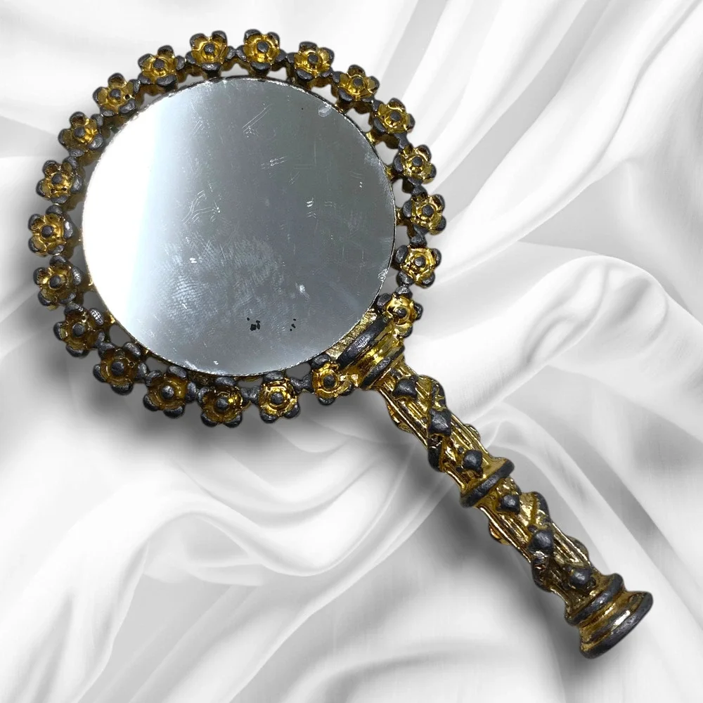 Vtg Ormolu Filigree Gold Gilt Miniature Hand Mirror Faux Pearl Green Cabochon